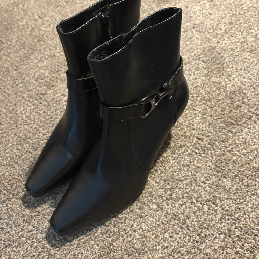 Anne Klein Elegant Black Leather with Buckle Accent Boots - New in Box!
